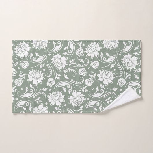 White floral damasks pattern on sage green badhandtuch set (Handtuch)