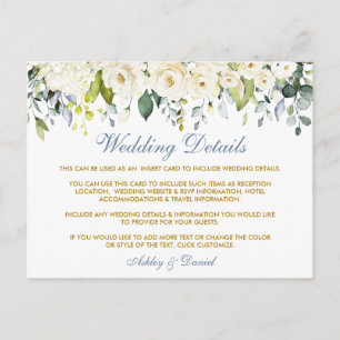 White Floral Dusty Blue Wedding Details Card Postkarte