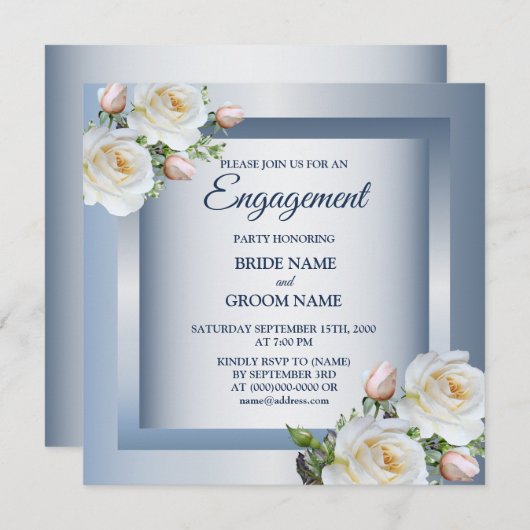 White Floral Elegant Blue Gray Engagement Party Einladung (Vorne/Hinten)