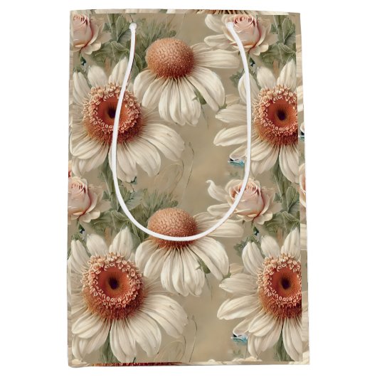 White Floral Elegant Daisies Mittlere Geschenktüte (Vorderseite)