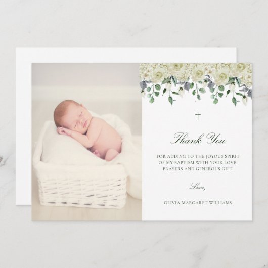 White Floral Elegant Foto Taufe Vielen Dank Dankeskarte (Vorne/Hinten)