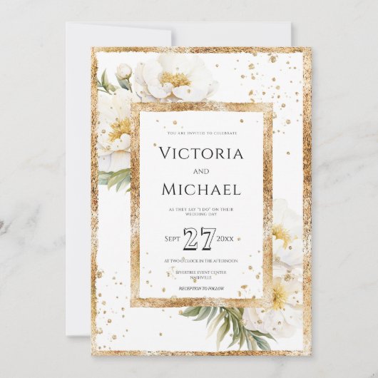White Floral Elegant Gold Wedding Einladung (Vorderseite)