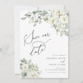 White Floral Elegant Greenery Boho Save the Date Einladung (Vorderseite)