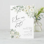 White Floral Elegant Greenery Boho Save the Date Einladung (Stehend Vorderseite)