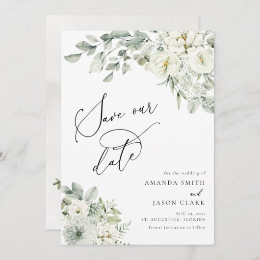 White Floral Elegant Greenery Boho Save the Date Einladung (Vorne/Hinten)