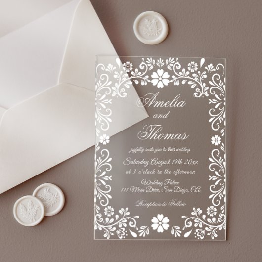 White Floral Elegante Wedding Acryleinladungen