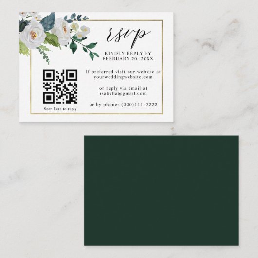 White Floral Emerald Gold QR Code Wedding RSVP Begleitkarte (Vorne/Hinten)