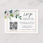 White Floral Emerald Gold QR Code Wedding RSVP Begleitkarte (Vorderseite)