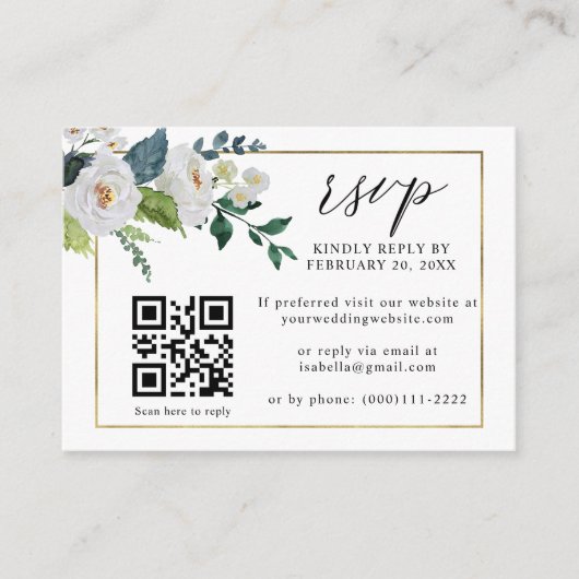 White Floral Emerald Gold QR Code Wedding RSVP Begleitkarte (Vorderseite)