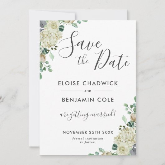 White Floral Eukalyptus Wedding Save the Date Card Einladung (Vorderseite)