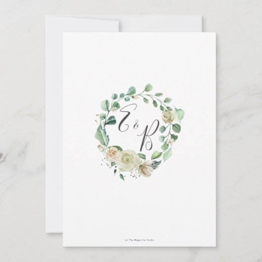White Floral Eukalyptus Wedding Save the Date Card Einladung (Rückseite)