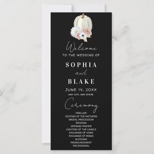 White Floral Fall Pumpkin Black Wedding Programm (Vorderseite)