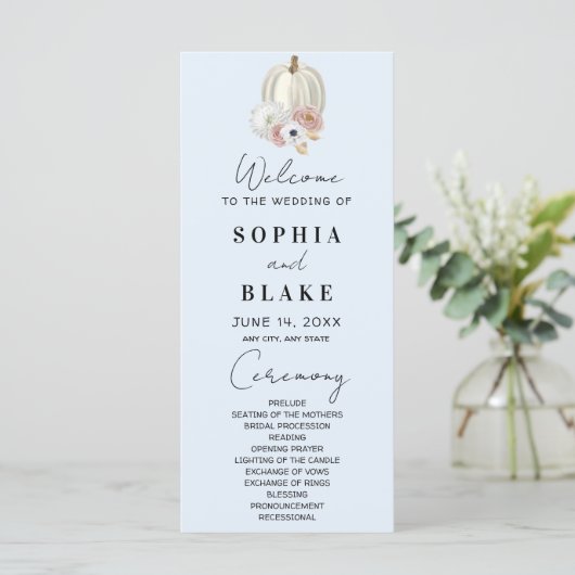 White Floral Fall Pumpkin Blue Wedding Program (Stehend Vorderseite)