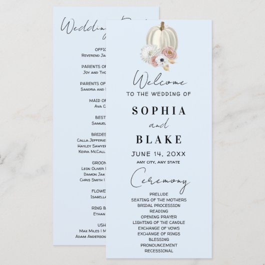 White Floral Fall Pumpkin Blue Wedding Program (Vorne/Hinten)