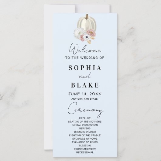 White Floral Fall Pumpkin Blue Wedding Program (Vorderseite)