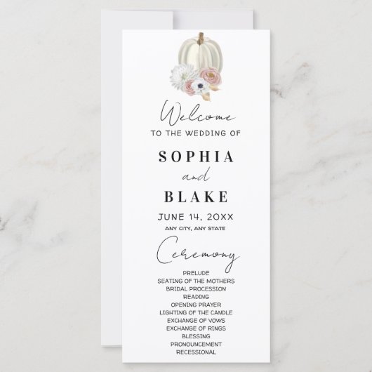 White Floral Fall Pumpkin White Wedding Programm (Vorderseite)