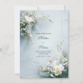 White Floral Feather Gold Frame Elegant Wedding Einladung (Vorderseite)