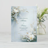 White Floral Feather Gold Frame Elegant Wedding Einladung (Stehend Vorderseite)