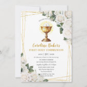 White Floral First Heilige Kommunion Gold Chalice Einladung (Vorderseite)