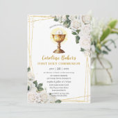 White Floral First Heilige Kommunion Gold Chalice Einladung (Stehend Vorderseite)