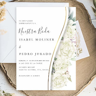 White Floral Foliage Nuestra Boda Spanische Hochze Einladung