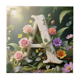 White Floral Garden Monogram Letter A Fliese