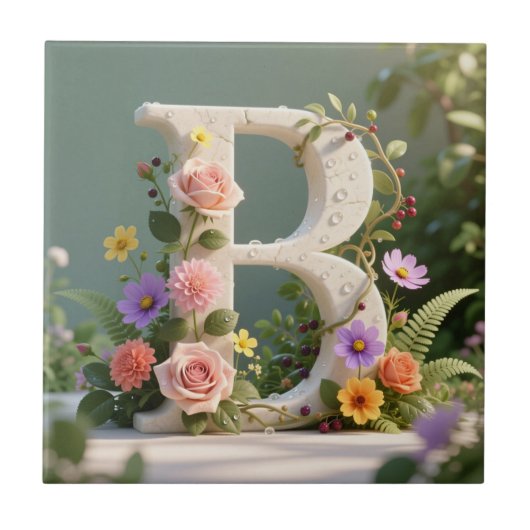 White Floral Garden Monogram Letter B Fliese (Vorderseite)