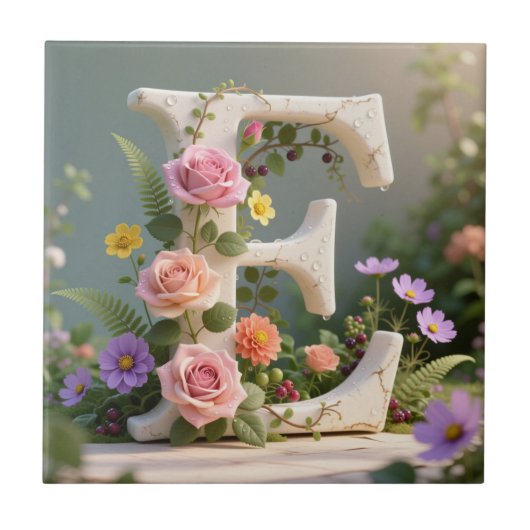 White Floral Garden Monogram Letter E Fliese (Vorderseite)