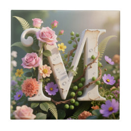 White Floral Garden Monogram Letter M Fliese