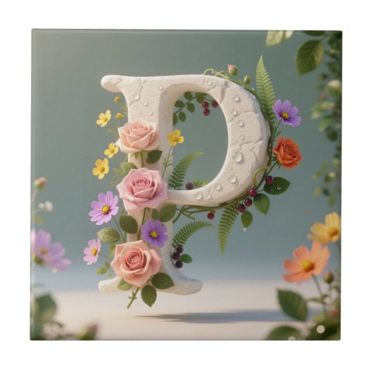 White Floral Garden Monogram Letter P Fliese (Vorderseite)