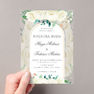 White Floral Garden Nuestra Boda Spanische Hochzei Acryleinladungen