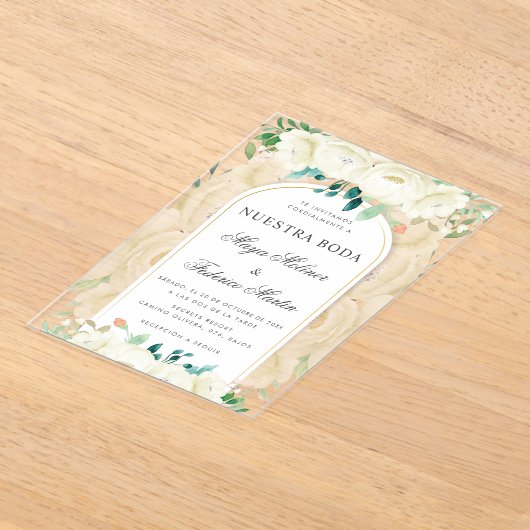 White Floral Garden Nuestra Boda Spanische Hochzei Acryleinladungen (Ablage )