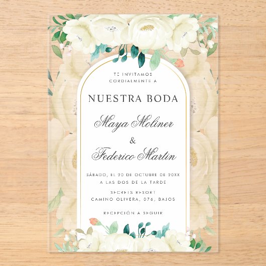White Floral Garden Nuestra Boda Spanische Hochzei Acryleinladungen (Vorderseite)