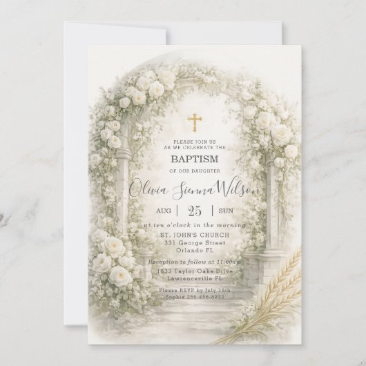 White Floral Garden Wheat Baptism Christening Einladung (Vorderseite)