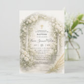 White Floral Garden Wheat Baptism Christening Einladung (Stehend Vorderseite)
