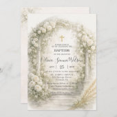 White Floral Garden Wheat Baptism Christening Einladung (Vorne/Hinten)