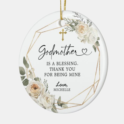 White Floral Geometric Godmutter Weihnachtsgeschen Keramik Ornament (Links)