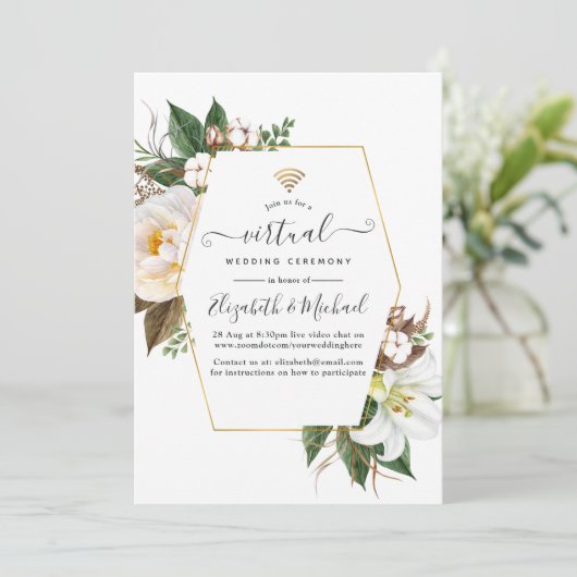 White Floral Geometric Online Virtual Wedding Einladung (Stehend Vorderseite)
