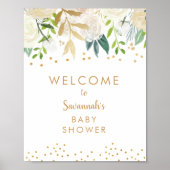White Floral Gold Baby Dusche Begrüßungszeichen Poster (Vorne)