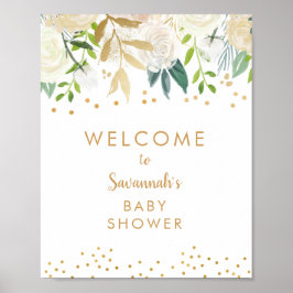 White Floral Gold Baby Dusche Begrüßungszeichen Poster
