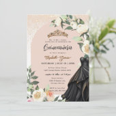 White Floral Gold Black Dress Quinceanera Geburtst Einladung (Stehend Vorderseite)