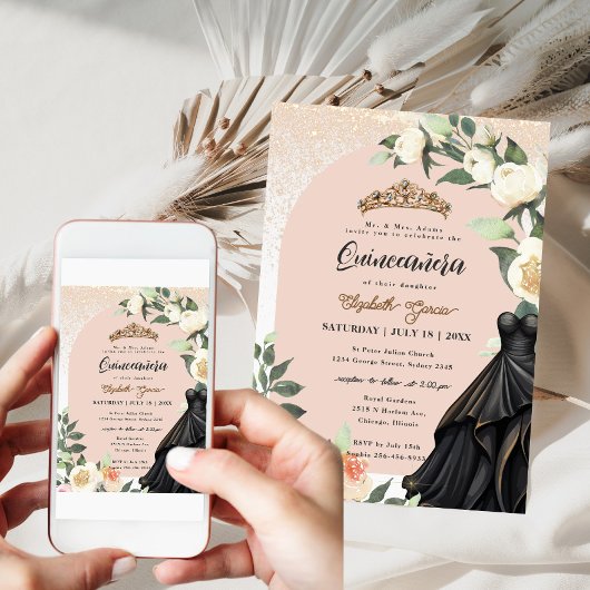 White Floral Gold Black Dress Quinceanera Geburtst Einladung