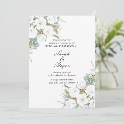 White Floral Gold Blätter Einladung Hochzeit (Stehend Vorderseite)