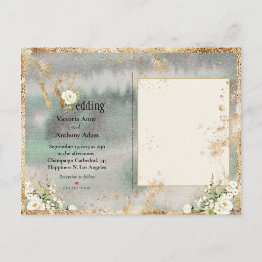 White Floral Gold Botanische Creme Elfenbeinhochze Einladungspostkarte (Rückseite)