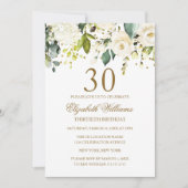 White Floral Gold Confetti 30. Geburtstag Einladung (Vorderseite)