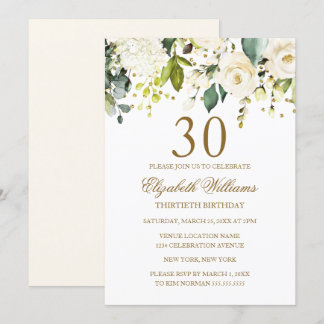 White Floral Gold Confetti 30. Geburtstag Einladung