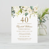 White Floral Gold Confetti 40. Geburtstag Einladung (Stehend Vorderseite)