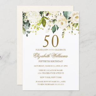 White Floral Gold Confetti 50. Geburtstag Einladung