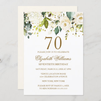 White Floral Gold Confetti 70. Geburtstag Einladung