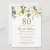White Floral Gold Confetti 80. Geburtstag Einladung (Vorderseite)